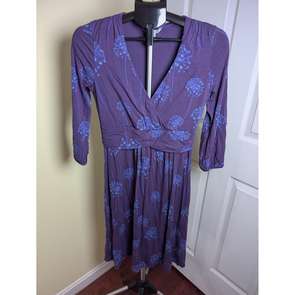 Boden Midi Dress Womens 8R Purple Dandelion Print V-Neck 3/4 Sleeve Faux Wtap